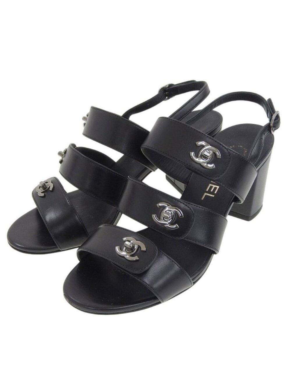 Chanel CC Logo Turnlock Back Strap Sandals Black